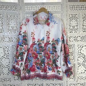 Cynthia Rowley Linen Blend Floral Long Sleeve Blouse Womens 1X Button Up Beachy